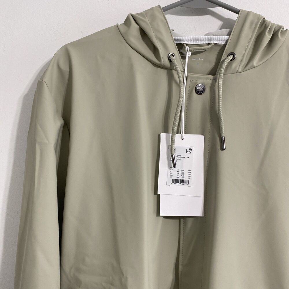 Rains Jacket Unisex Women's Men's L Cement Snap Front Short Hooded Coat NEW - Picture 7 of 16